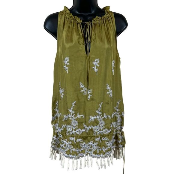 David Meister Chartreuse Embroidered Tunic Top Silk Shift Mini Dress - Picture 1 of 12